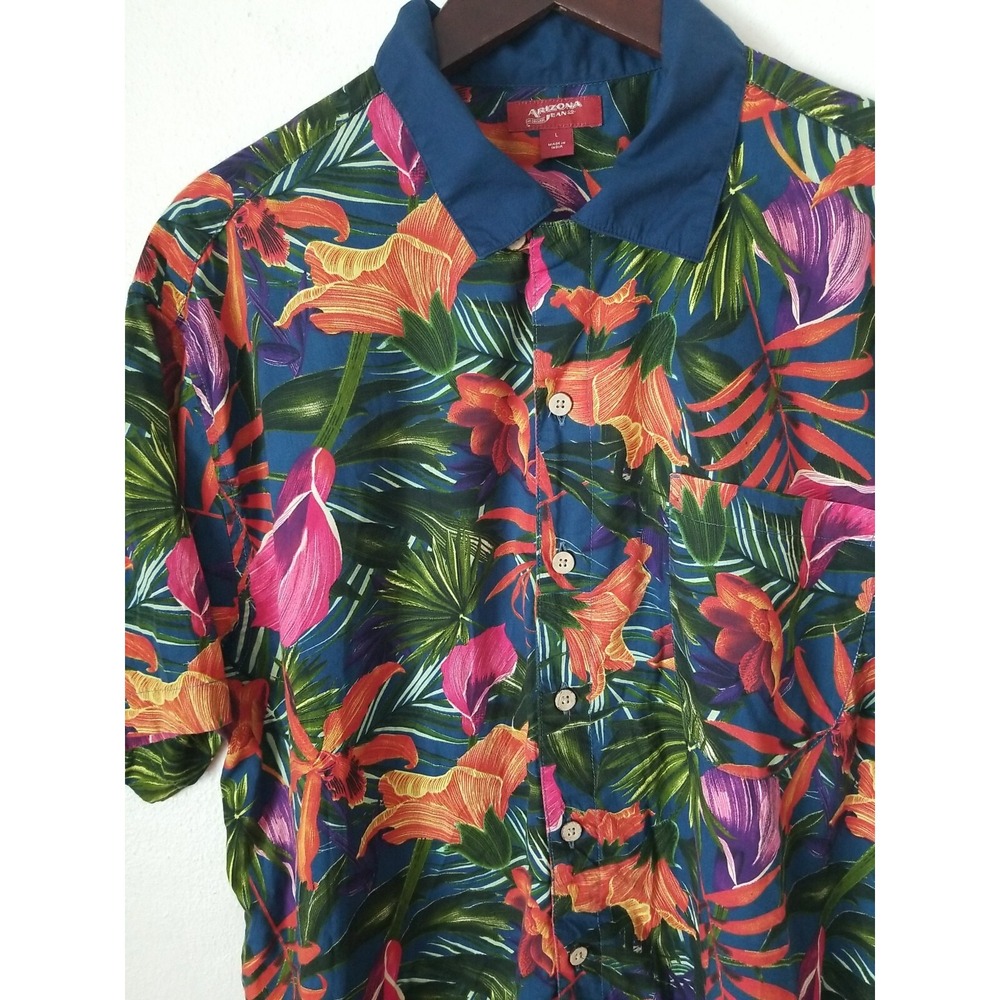 Vtg Arizona Jean Co Men Floral Short Sleeve Wood Button Collar Casual Shirt L